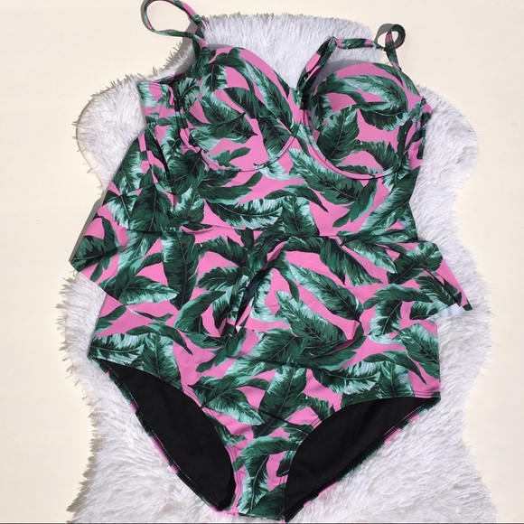 🆕2 Pc Leaf Print Peplum Tankini - Picture 3 of 3